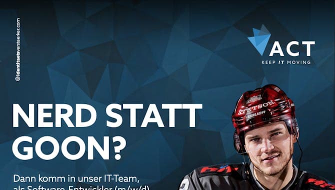 Poster für die ACT Gruppe mit einem Spieler der Kölner Haie