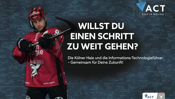 Poster für die ACT Gruppe mit einem Spieler der Kölner Haie