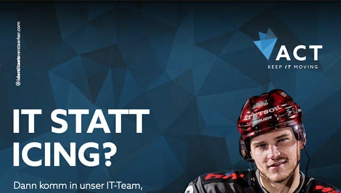 Poster für die ACT Gruppe mit einem Spieler der Kölner Haie
