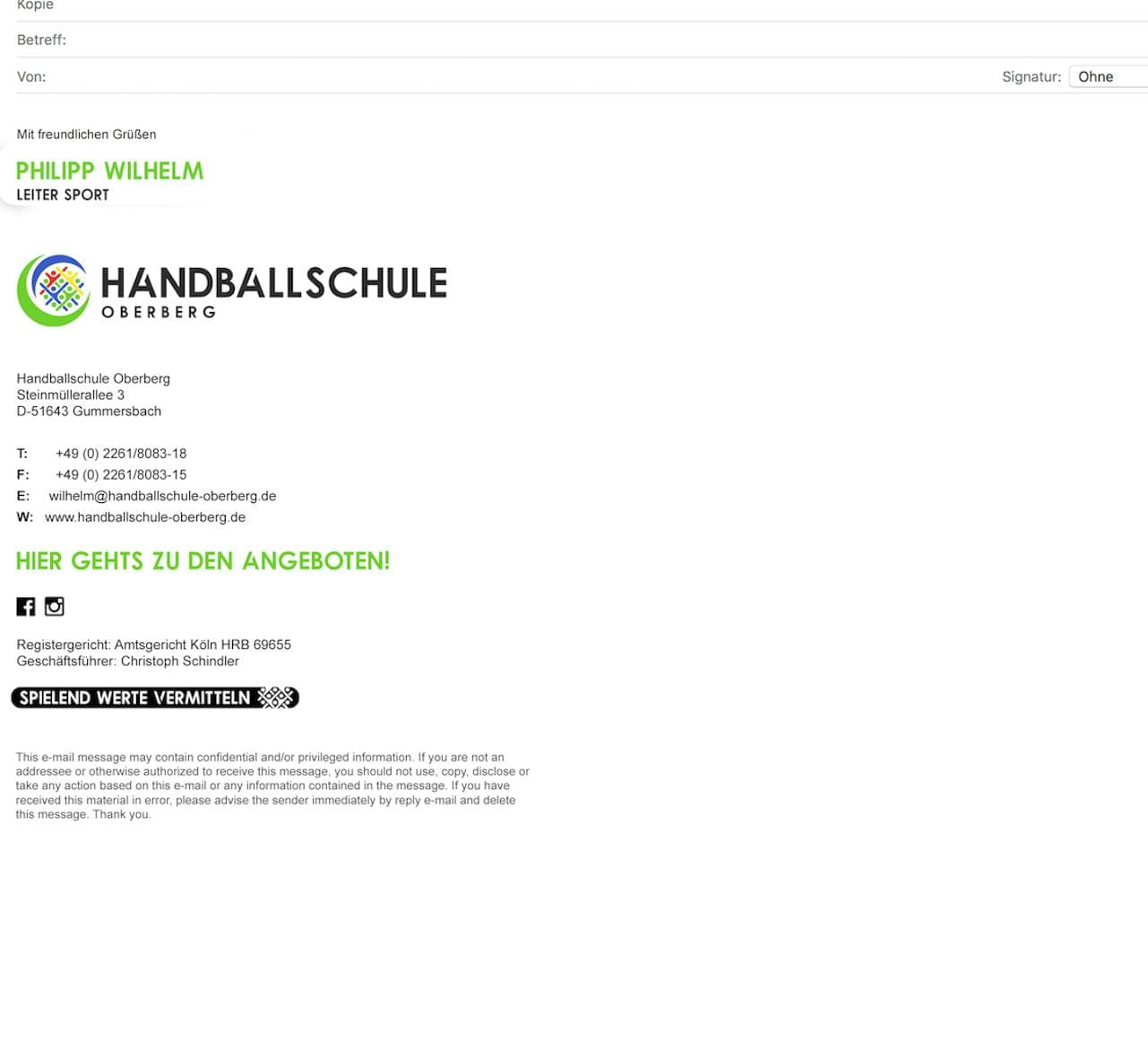 Ein Screenshot von der Handballschule Oberberg E-Mailsignatur