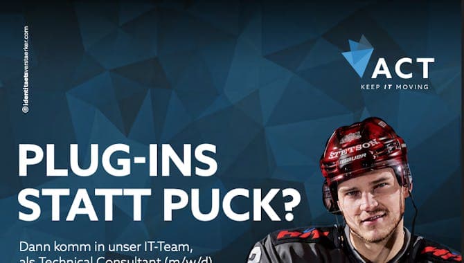 Poster für die ACT Gruppe mit einem Spieler der Kölner Haie